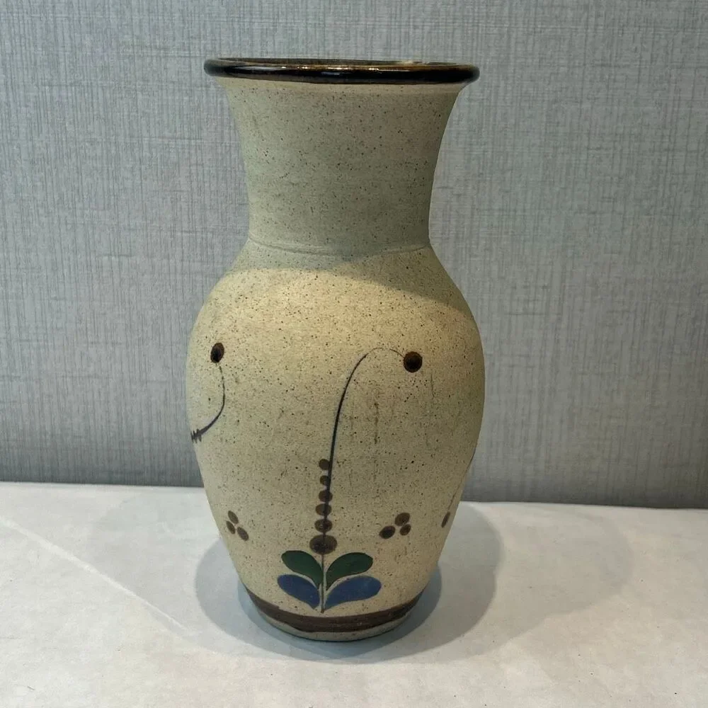 Tonala Pottery Vase Mexico Bird Flowers Folk Art Handmade Sandstone Beige Brown